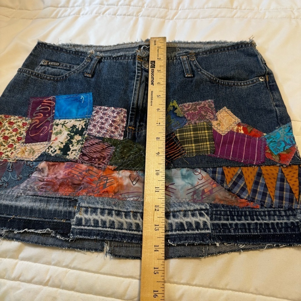 XOXO Boho Upcycled Denim Jean Patchwork Skirt with Vintage 80’s Material Sz 9/10 - Picture 7 of 14